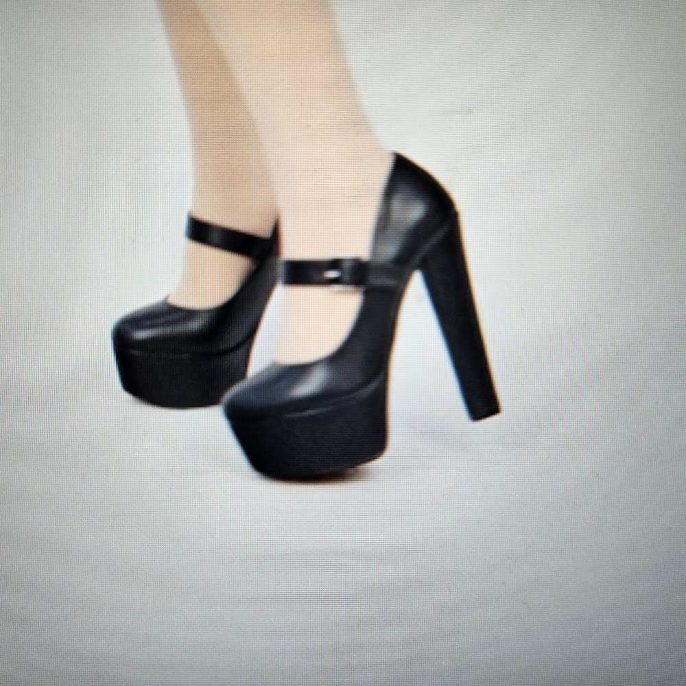 Black Matte Platform Pumps with Round Toe Strap Block Heel Shoes 6 Inch High
